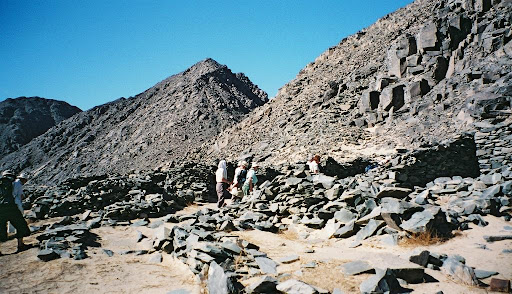 Wadi Hammamat, one of numerous wadis or dry valleys in the Eastern Desert's rocky highlands, serves as the center stretch of one of the most important routes between the Nile and the Red Sea.